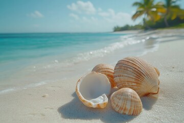 Wall Mural - Seashells scattered on a sandy beach with gentle waves and clear blue water in sunlight