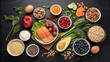 © Theerawat - A vibrant assortment of nutritious foods, including salmon, various vegetables, fruits, nuts, and seeds, arranged on a dark surface for a healthy and balanced meal.