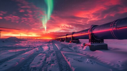 Fototapete - Bright streaks of aurora borealis light up the sky, over a frozen terrain where a large oil pipeline extends into the distance against a stunning sunset.
