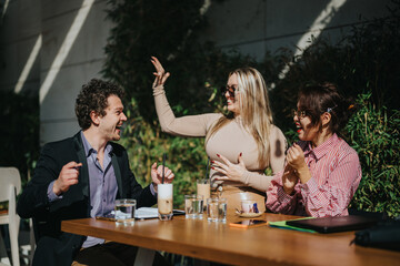 Wall Mural - A diverse group of business people enjoys a lively meeting at an outdoor urban setting, fostering collaboration and positive energy.