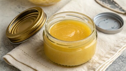 Homemade applesauce in a small glass jar with a gold lid sits on a linen napkin.