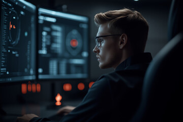 Focused Programmer Working Late at Computer Station