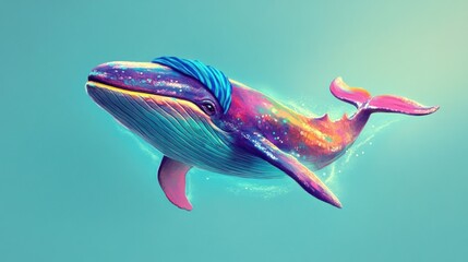 Colorful whale ocean digital art, peaceful background, fantasy illustration