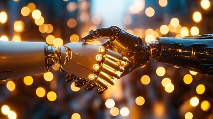 Sticker - Robotic Hands Shaking with Bokeh Background Symbolizing Partnership