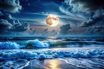 mystical full moon bathes the ocean in silver, a breathtaking aerial view of celestial reflection.