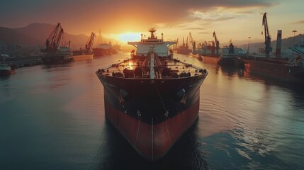 Aufkleber - A large cargo ship is anchored in a bustling port as the sun sets, reflecting warm hues across the water. Cranes and other vessels line the harbor amidst a scenic backdrop.