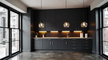 Poster - Warm golden light streaming through large windows, illuminating minimalist loft kitchen with dark gray cabinetry, polished concrete flooring, revealing expansive urban cityscape
