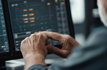 Wall Mural - a close-up of an air traffic controller’s hands adjusting a radar screen with flight paths glowing o