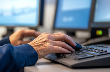 Wall Mural - a close-up of a dispatcher rapidly typing emergency codes into the system