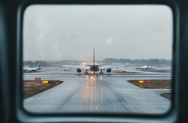 Wall Mural - a busy airport runway seen from inside the control tower, with multiple aircraft waiting for clearan