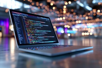 laptop coding, night event, blurred background, tech