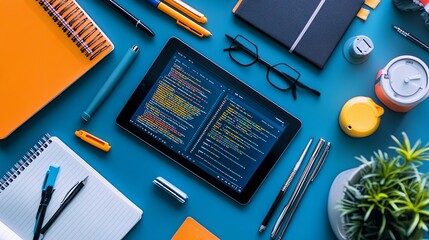 A flat lay of coding tools, notebooks, and a tablet displaying a programming course. digital