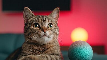 Wall Mural - Pet AI brings technology and automation to animal care. Curious cat sitting beside a colorful ball in a cozy setting.