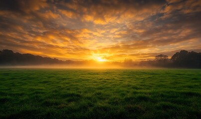 Aufkleber - Vibrant sunset over a misty green field with dramatic clouds illuminating the sky.