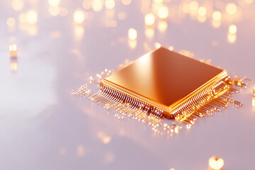 a microchip is displayed on a white surface under gentle lighting. the intricate details and design 