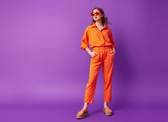 Wall Mural - an image of a woman in an orange jumpsuit standing against a purple background.