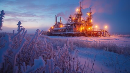 Leinwandbilder - An oil extraction facility stands brightly lit against the twilight sky, surrounded by a frozen landscape. Snow covers the ground, showcasing the cold and remote atmosphere.