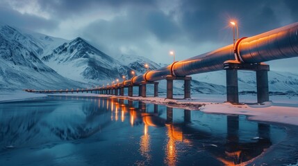 Poster - A long pipeline stretches across a snowy terrain, illuminated by warm lights under a dramatic sky. The reflections shimmer on the calm water nearby, showcasing a serene atmosphere.