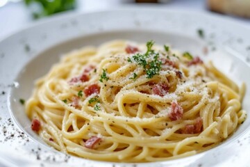 Spaghetti carbonara with bacon, cheese and parsley decorating a white plate