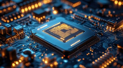 Close up view of a computer chip with circuitry and electronic components on a black background