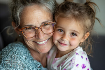 Wall Mural - A woman and a child are smiling at the camera