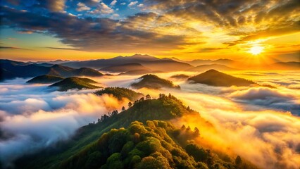 Wall Mural - Misty Mountain Twilight: Aerial View of Serene Landscape at Dusk