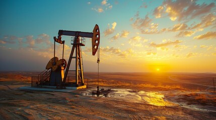 Poster - An oil pump jack stands silhouetted against a stunning sunset, creating a picturesque scene in a rural landscape with expansive fields and a colorful sky.