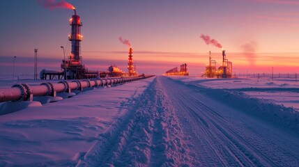 Poster - In a remote, snowy area at dusk, pipelines stretch toward the horizon while smokestacks emit smoke, creating a stark contrast against the colorful sky.