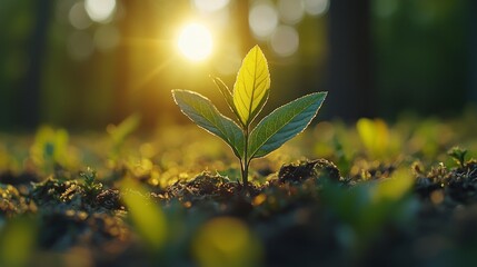 Wall Mural - Young plant sprouting in sunlit forest setting