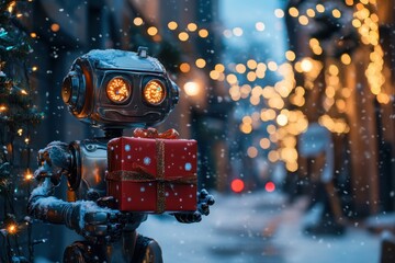 Wall Mural - robot holding christmas gift outdoors with lights and snow robot holding a red gift box outside in s
