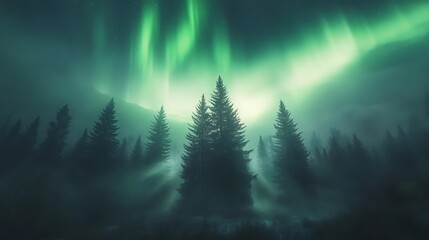 Aufkleber - Majestic northern lights illuminate a misty forest of tall pines.