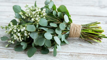 Wall Mural - A romantic bouquet of eucalyptus leaves arranged with soft flowers, wrapped in natural twine, creating a rustic bridal arrangement.