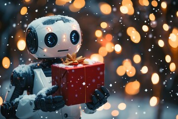 Wall Mural - robot holding christmas gift outdoors with lights and snow robot holding a red gift box outside in s