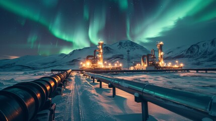 Poster - Brilliant auroras dance across the night sky above a pipeline and oil facility in a cold Arctic environment, creating a stunning winter spectacle.