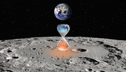 Poster - The Earth as Seen from the Surface of the Moon, Earth is becoming a dead planet like Mars - Hourglass inside Planet Earth and Mars isolated on black background