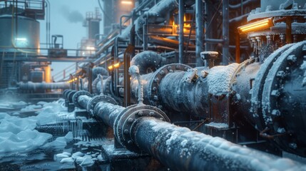 Aufkleber - A manufacturing facility is covered in snow as frozen pipes and machinery contrast against flickering lights in a winter morning setting.