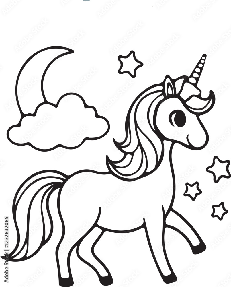 Cute Unicorn Coloring Page with Moon and Stars - Magical Fantasy ...
