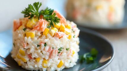 Wall Mural - Delicious Russian salad featuring rice, crab sticks, and corn served on a small salad plate, perfect for a light meal or appetizer. salad with crab sticks