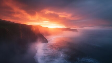 Aufkleber - Stunning sunset over coastal cliffs with waves crashing against the shore.
