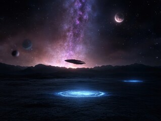 Wall Mural - alien spaceship hovering above mysterious landscape in space