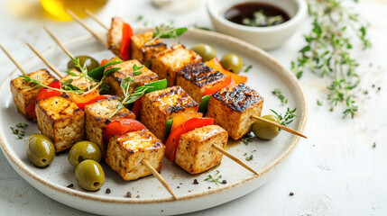 Wall Mural - Grilled tofu skewers marinated in balsamic and thyme oil with olives and peppers on a bright Mediterranean-inspired plate. dinner to lovers for lover, heart -shaped pizza