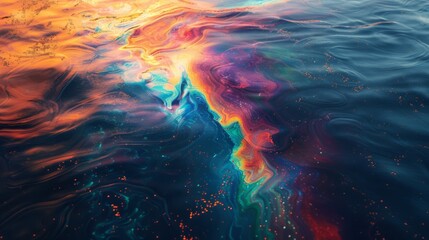 Poster - Vibrant colors dance on the surface of a calm lake during sunset, as orange and purple hues blend seamlessly with deep blue water, creating a breathtaking natural artwork.