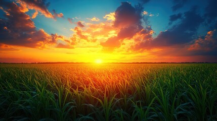 Wall Mural - Vibrant sunset over green field, dramatic sky, nature backdrop