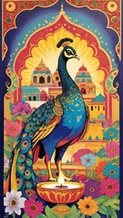 Naklejka na meble A vibrant, colorful pop art illustration of India, featuring a heritage city, a peacock, temple architecture, and a depiction of a god. A modern, artistic take on traditional Indian culture .