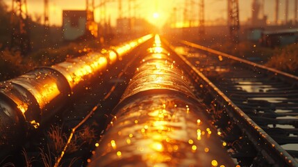 Aufkleber - Golden sunlight bathes the railway tracks in warm colors as water droplets glisten on metal pipes. The scene captures a serene moment during sunset in an industrial landscape.