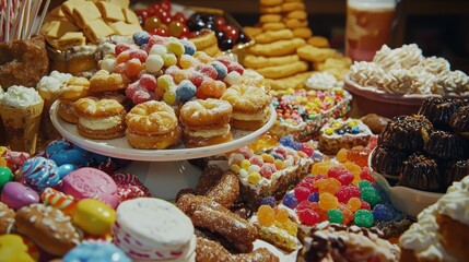 Wall Mural - A table overflowing with sugary treats, like candies and pastries, illustrating the concept of excess sugar in modern diets.