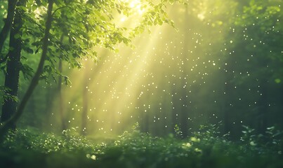 Aufkleber - Sunlight filters through trees, illuminating a serene forest scene with floating particles.