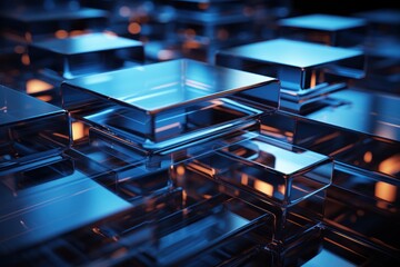 Wall Mural - blue glass cubes stacked, dark background, tech concept, website banner