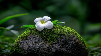 Wall Mural - White Flower Blooming on Mossy Stone