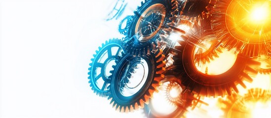 Interlocking gears, vibrant colors, white background, website banner